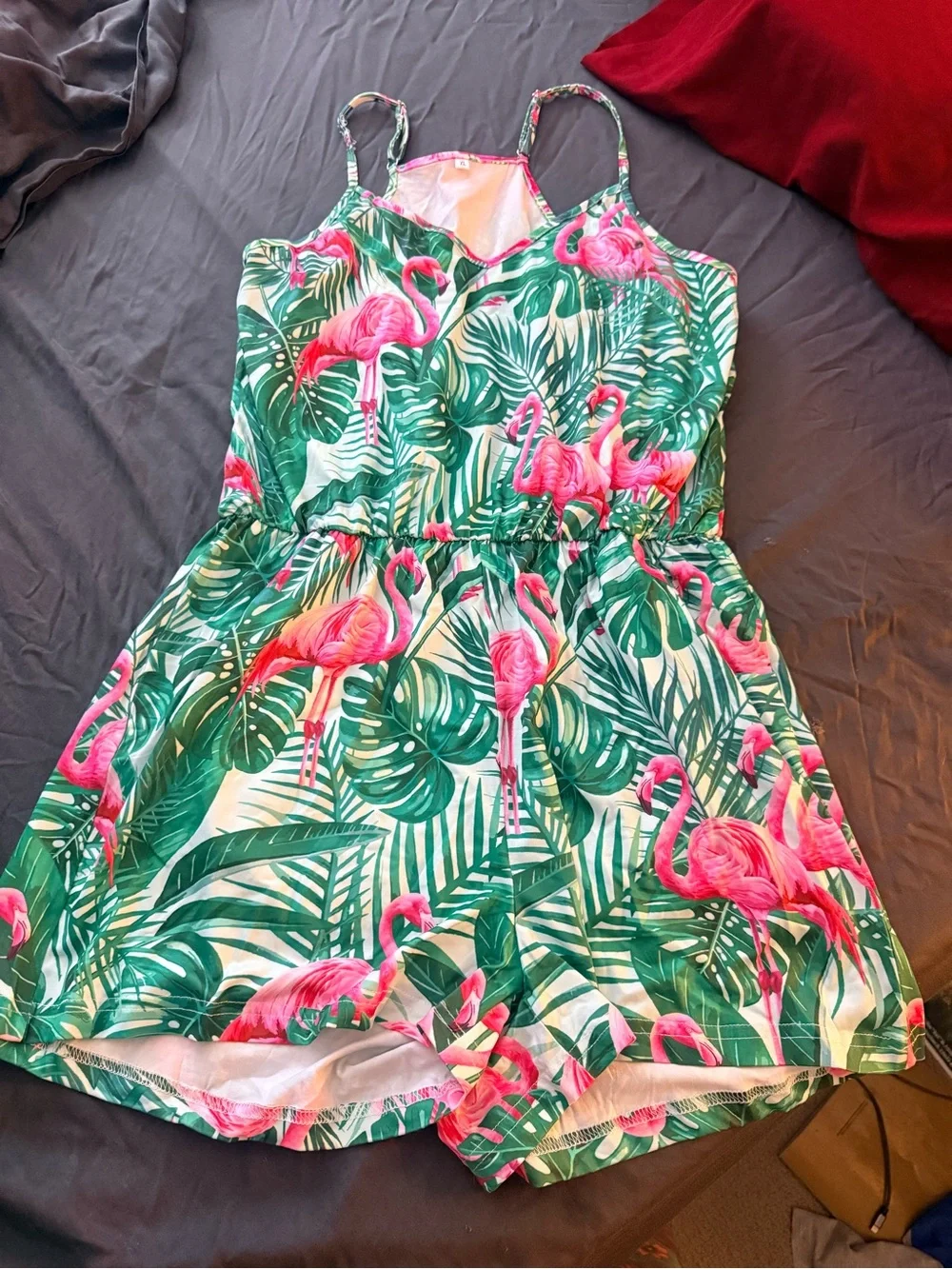 Girls Flamingo Print Skort Romper - Pink & Green
